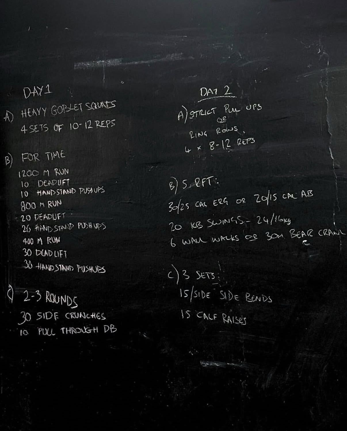 Chalkboard showing a two-day strength and conditioning session at FIIT Paphos